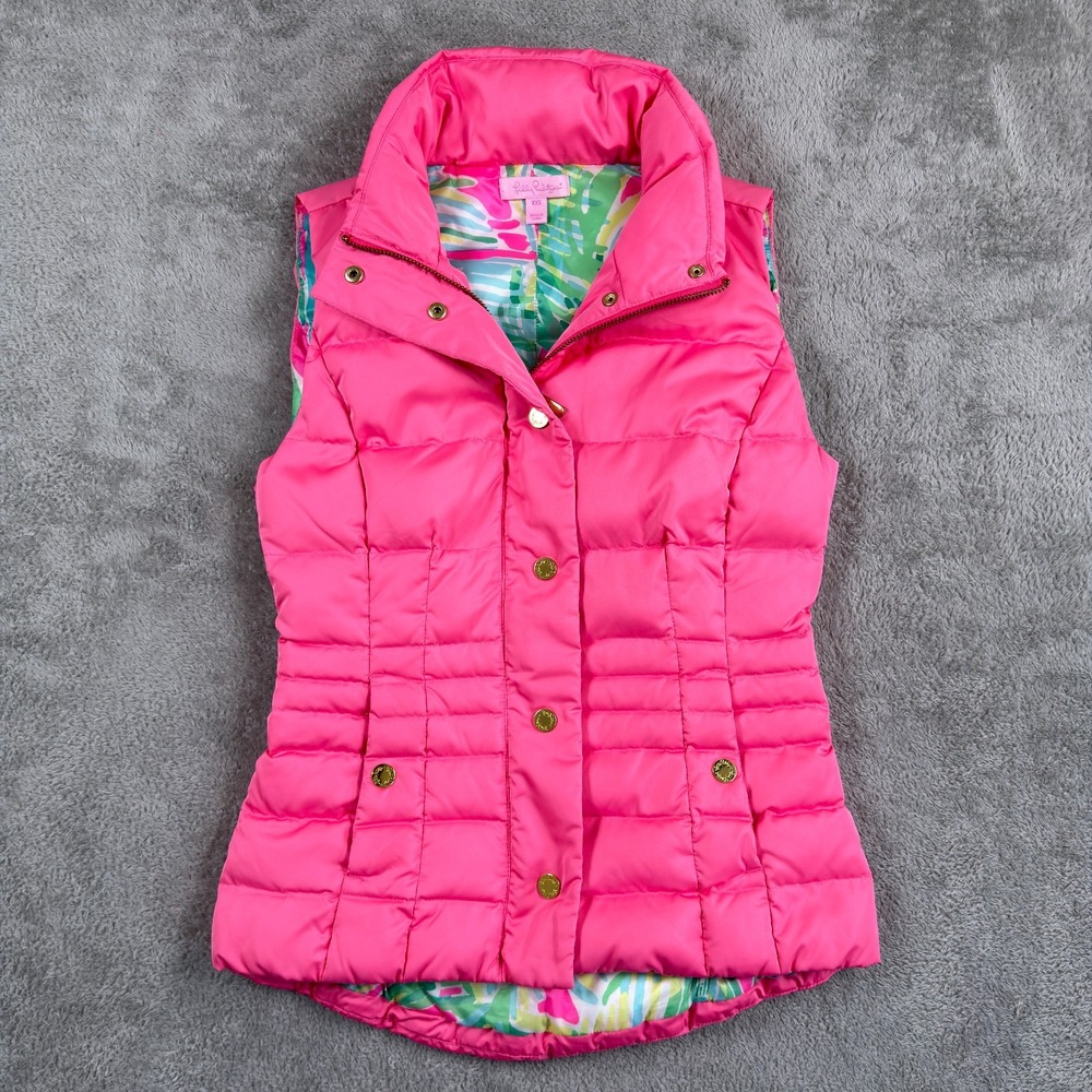 Lilly Pulitzer Isabelle Puffer Vest Womens 2XS XXS Pink Zip Up Gold Button 14533